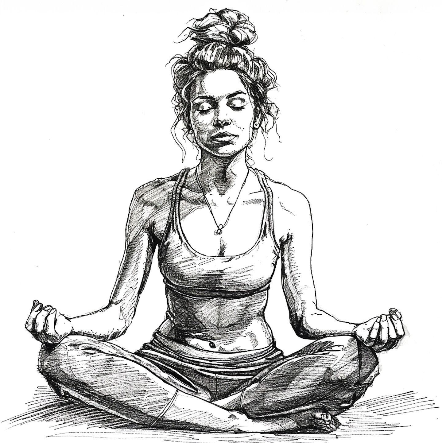 Bleistift Zeichnung einer jungen Frau im Lotus Sitz von vorne.