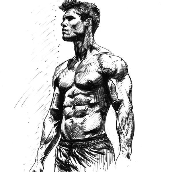Bleistiftillustration von jungem Mann mit nacktem Oberkörper und Sixpack