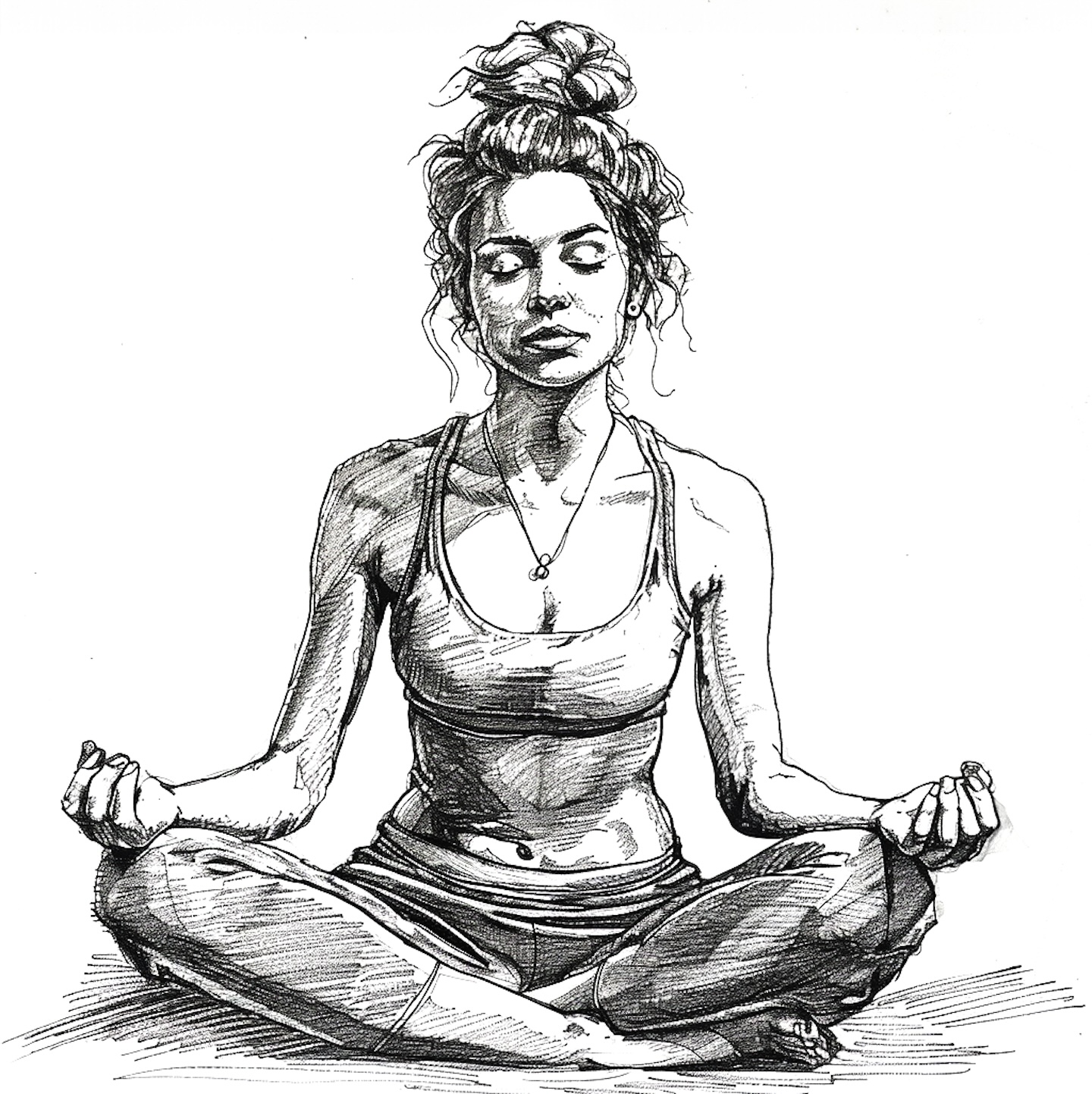 Bleistift Zeichnung einer jungen Frau im Lotus Sitz von vorne.