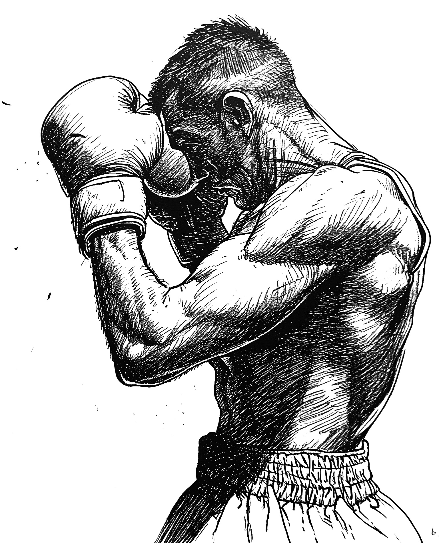 Bleistiftzeichnung eines muskulösen Mannes mit Boxhandschuhen mit den Händen vor dem Gesicht. Seitenansicht