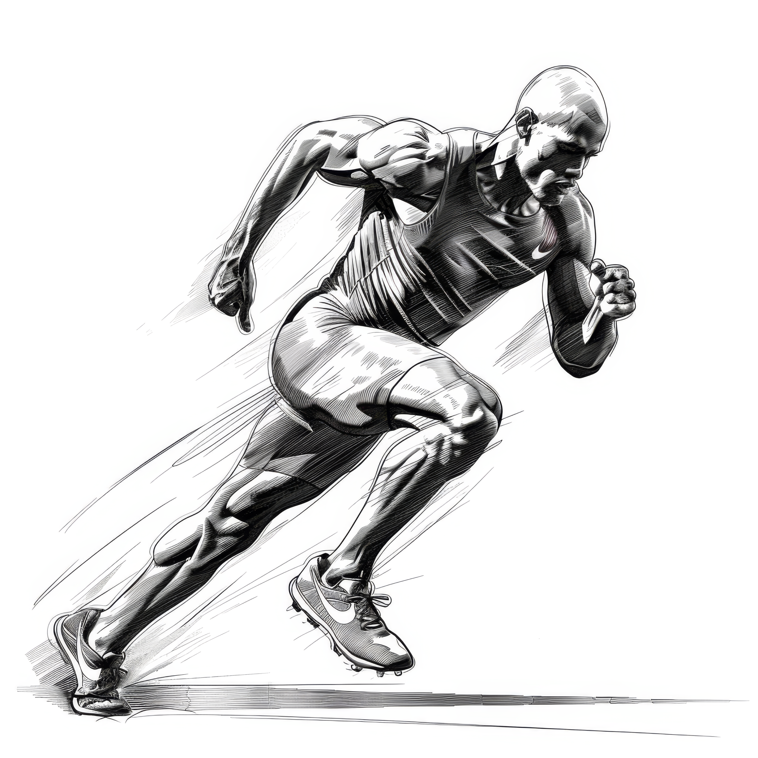 Bleistiftzeichnung eines Mannes in dynamischer Laufbewegung kurz nach dem Start eines Rennens