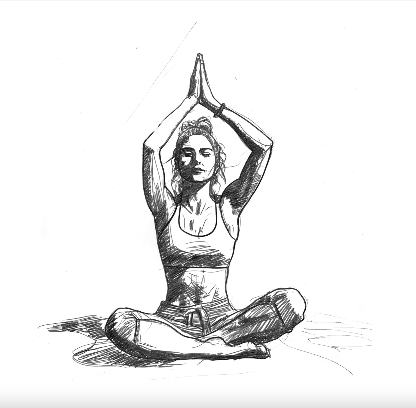 Bleistiftzeichnung einer jungen Frau im Lotus Sitz mit über dem Kopf gefalteten Händen frontal.
