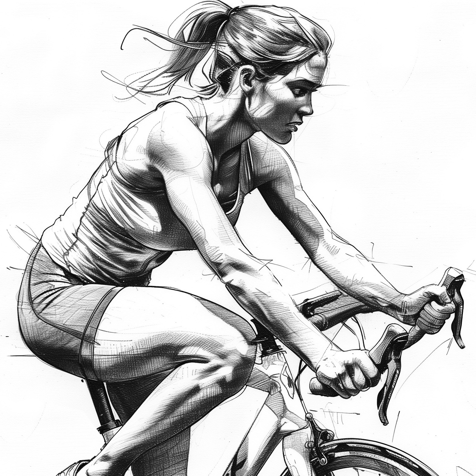 Bleistiftzeichnung einer jungen Frau auf dem Fahrrad, seitliche Ansicht
